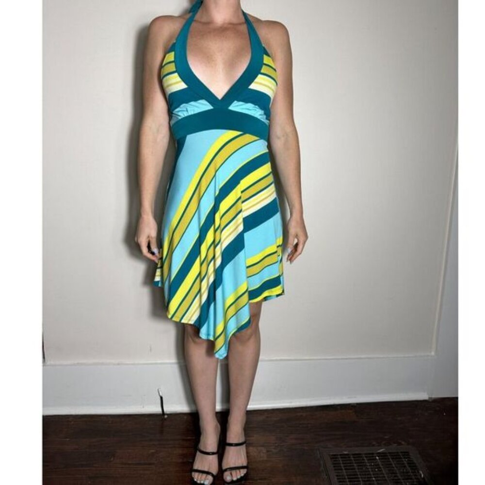 Wild Fable Teal & Yellow Striped Halter A-Line Dress Handkerchief Hem Sz XS